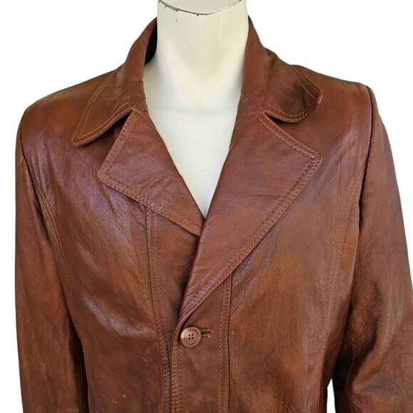 Vintage Designer International Leather Coat 42L Brown 70s Style Zip Liner - Picture 3 of 13